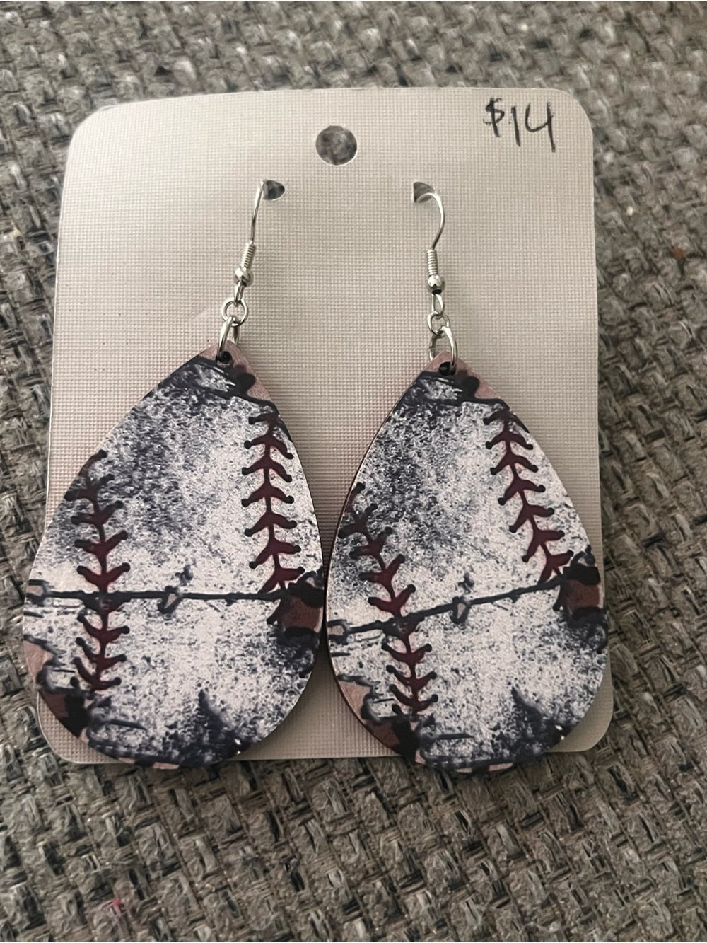 Baseball Stitch Teardrop Dangle Earrings - White, Black, Brown